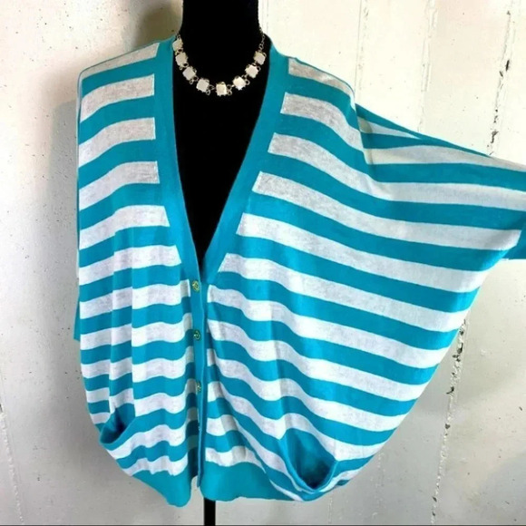Michael‎ Michael Kors S oversized teal/white color block stripe dolman cardigan - Picture 1 of 8